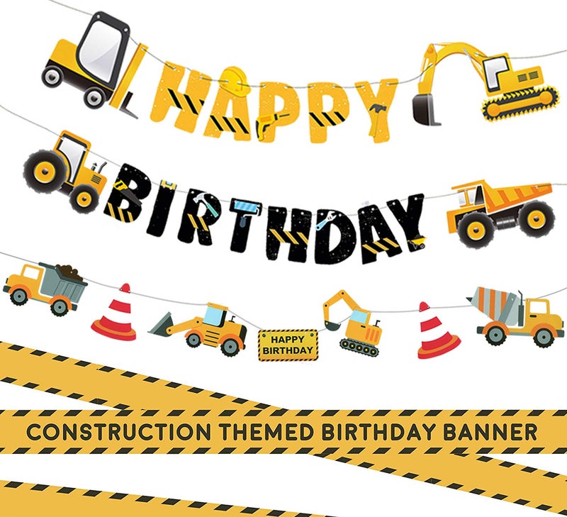 FIGEPO 3 Packs Construction Happy Birthday Banner and Vehicle Truck Garland, Construction Party Supplies Decoration Set for Birthday Party, Baby Show - Image 1